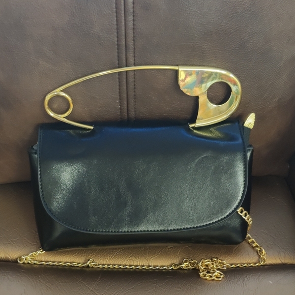 Handbags - Elegant Black Clutch with Gold Accent